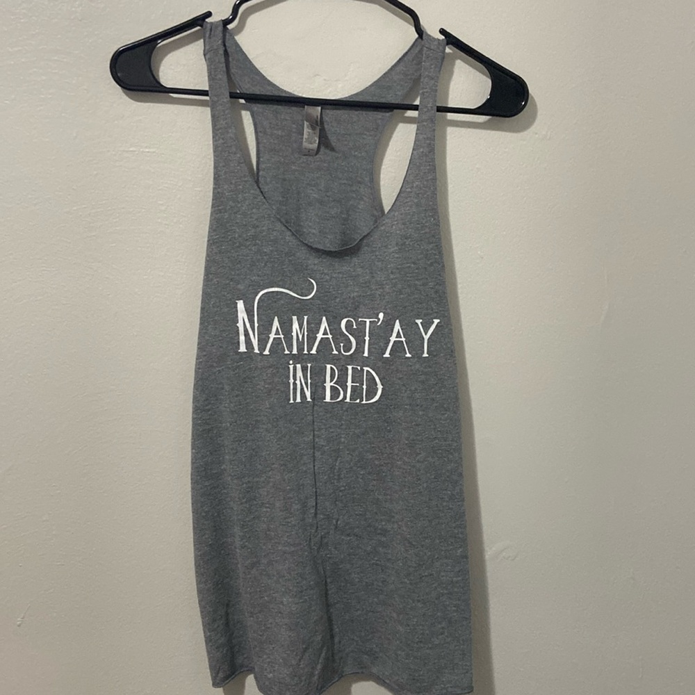 ‘Namast’ay in Bed’ grey tank